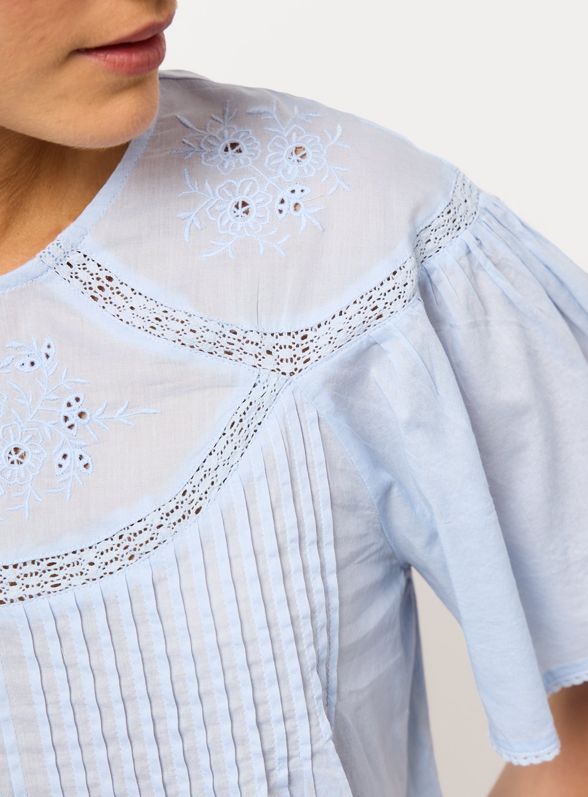 Light Blue Mesh Pintuck Short Sleeve Blouse 16 - Image 3 thumbnail